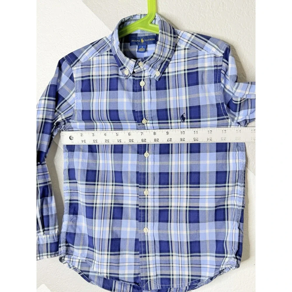 Ralph Lauren Boys Size 6 Blue Plaid Long Sleeve Button Down Cotton Shirt Preppy